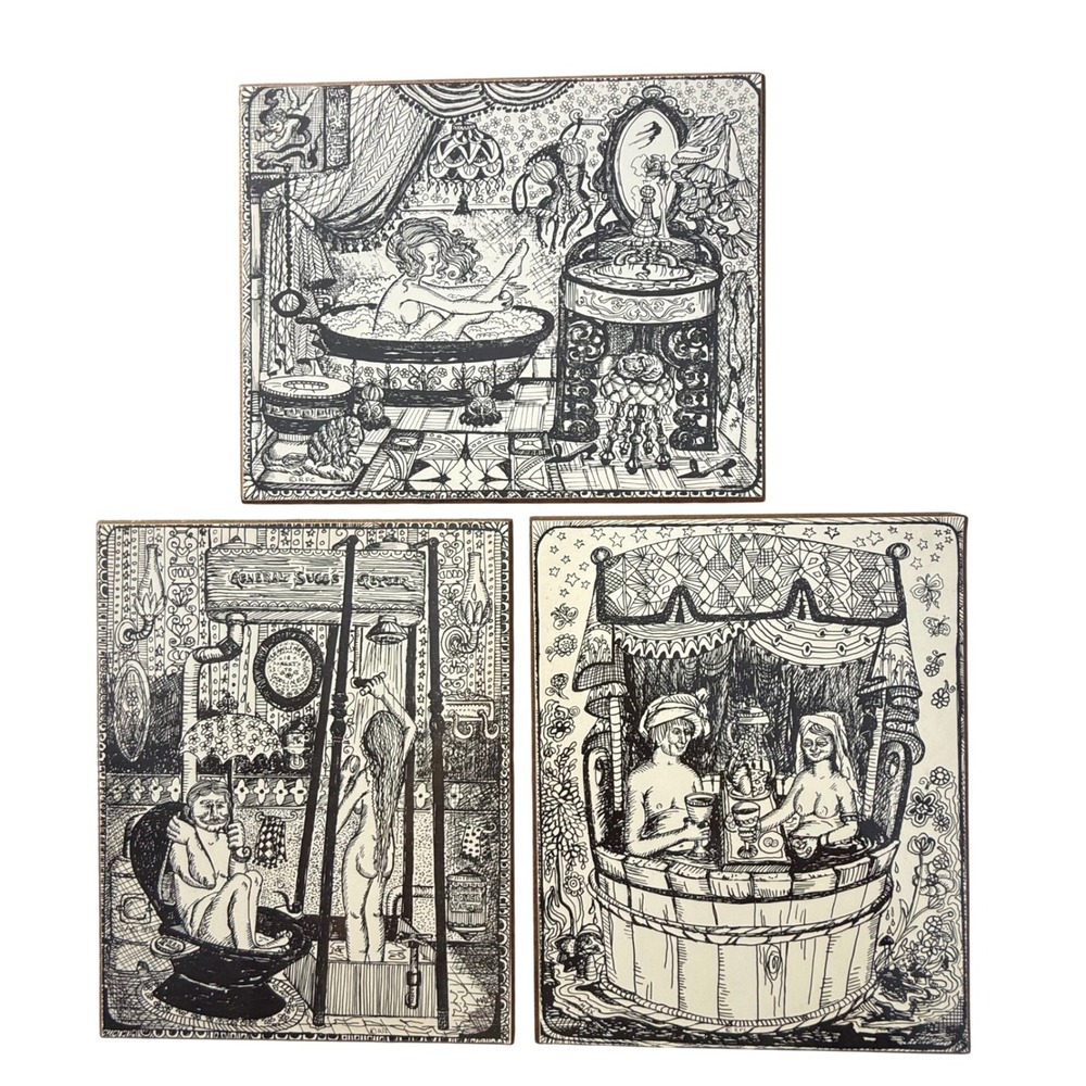 Vintage Black‎ and White Risqué Decorative Plaque Set-Erotic Line Wall Art Decor